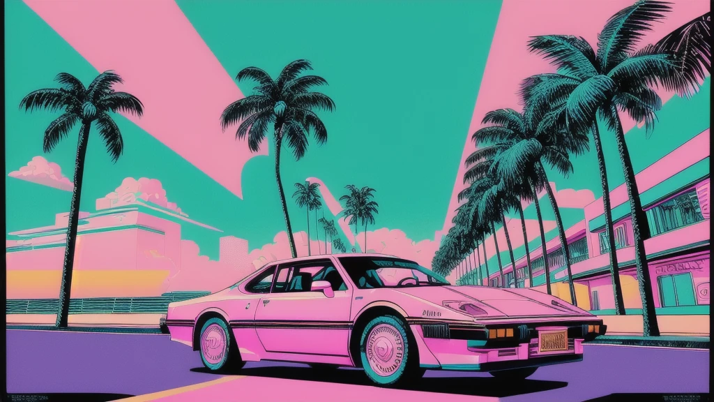 (((retro artstyle))) ((masterpiece)) Miami 1985 synthwave car , (vaporwave aesthetic) , palm trees , bust figure , vinyl records , japanese letters , vivid ,,