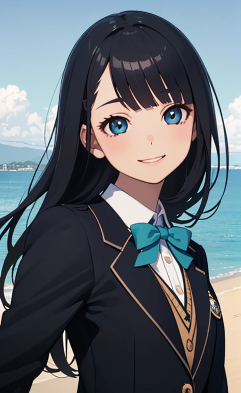 (Photorealistic:1.4)、(15-year-old:1.5),(masterpiece、spot light:1.2、Exquisite beautiful eye:1.5,portlate),(kind eyes、tareme:1.9),(Close-up of face:1.5,face focus:1.5)、(Cute Face、 3D Face)、(black hair:1.5)、(middle hair:1.5),(sidelock :1.5),(blunt bangs:1.3),(1 school girl)、(aqua eyes:1.2)、(upper body:1.5)、(light smile:1.5)、(from side),(head tilt) ,(half closed eyes),(flat chest),(),(school blazer:1.5),(Park with an ocean view background:1.5)、()、()、Slim Body(),Shiny Hair、