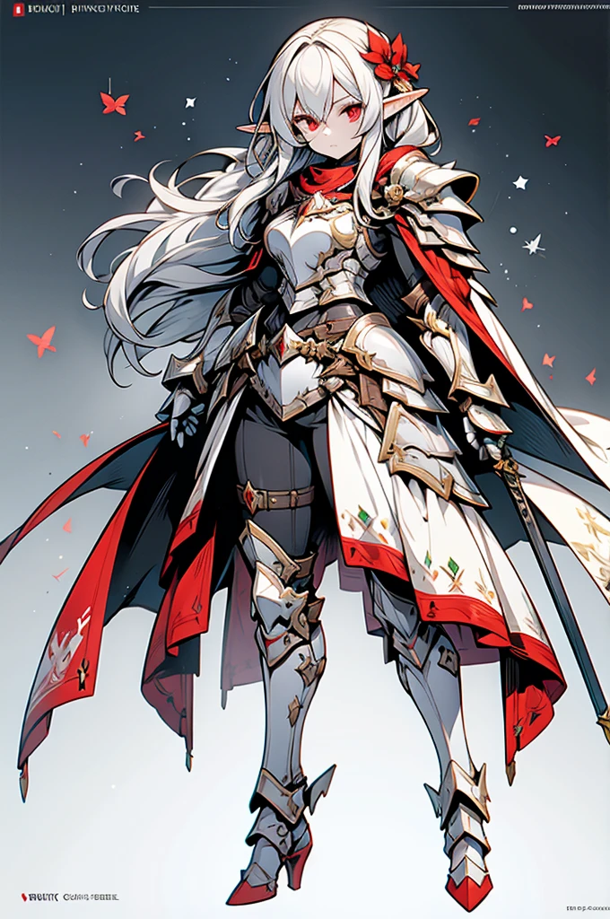 female elf knight, full body art, silver hair, white skin, red iris eye, knight full plate adorned armor, silver cape, perfectly detailed