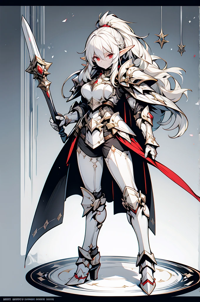 female elf knight, full body art, silver hair, white skin, red iris eye, knight full plate adorned armor, silver cape, perfectly detailed