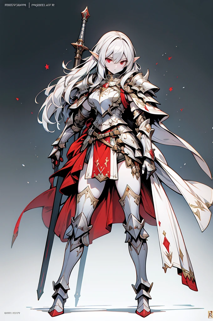 female elf knight, full body art, silver hair, white skin, red iris eye, knight full plate adorned armor, silver cape, perfectly detailed