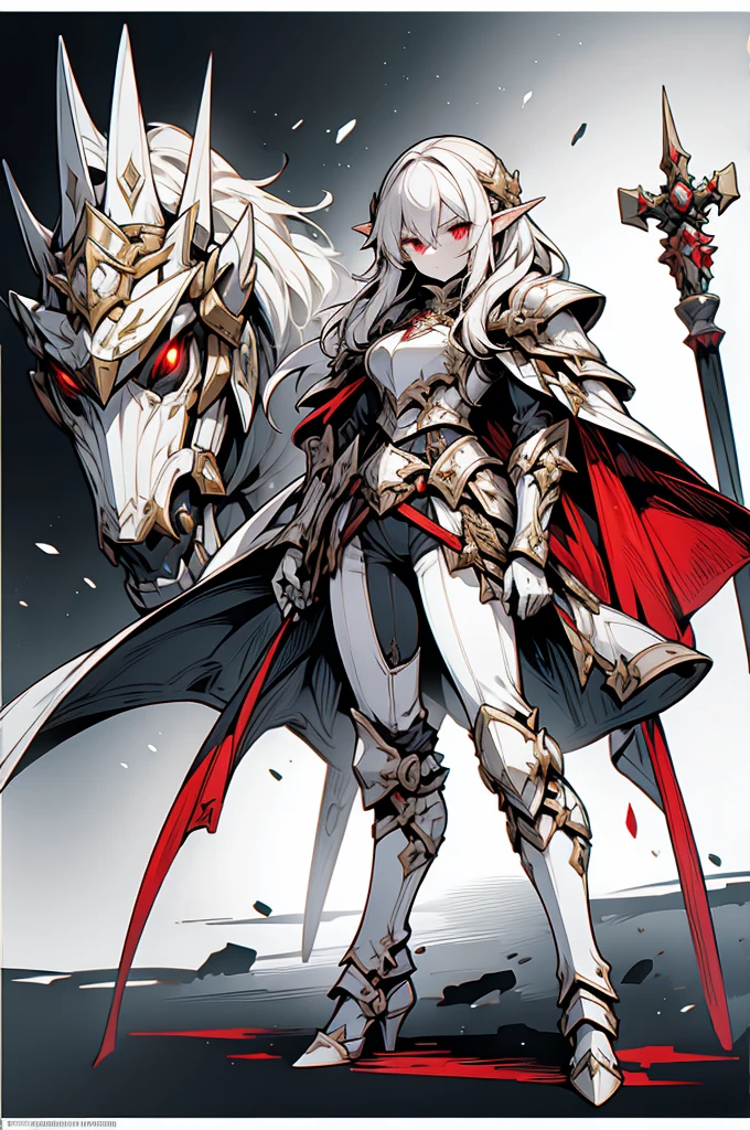 female elf knight, full body art, silver hair, white skin, red iris eye, knight full plate adorned armor, silver cape, perfectly detailed