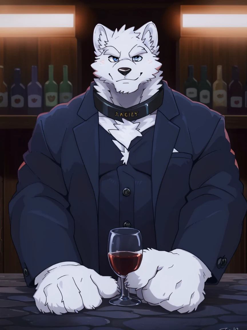 ((all white fur:1.5)), solo, Perfect sky blue eyes, Spike Collar, (artist:Takemoto Arashi), Mature face, elder, longeyelashes, ((Thin and tall figure)), ((sit on the ground)), fang out, Smile evilly, oral invitation, maliciously, Wearing a suit, Bar interior scene, bar, Movie Light Effects, Movie Posters, Holding a red wine glass, first-person view, atmospheric perspective, super detail, high details, 8k