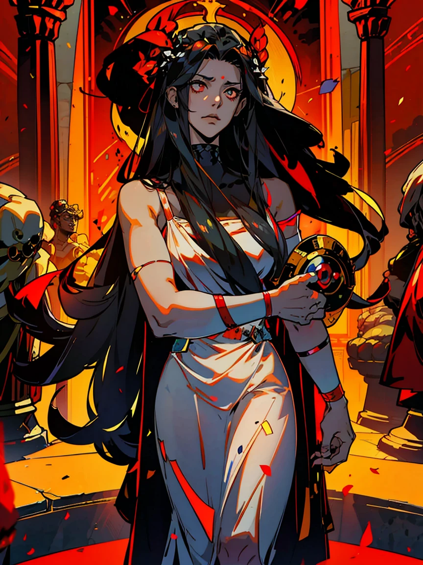 1girl, alone, 25 years old, young, black hair, red eyes, insister sur les reflets des yeux rouges, cheveux noirs, long hair, boss, black outfit, black clothes, frowning, hades style, hades game, Jen zee style, greek themed image, greek background, thanatos, tartarus scenery, fumes, greek columns in background, lots of columns, greek architecture, white themed image, white furniture, red touches of color, orange walls, looking at viewer, holding the stygian blade hades game wiki, hades, game, wiki, obols, stygius