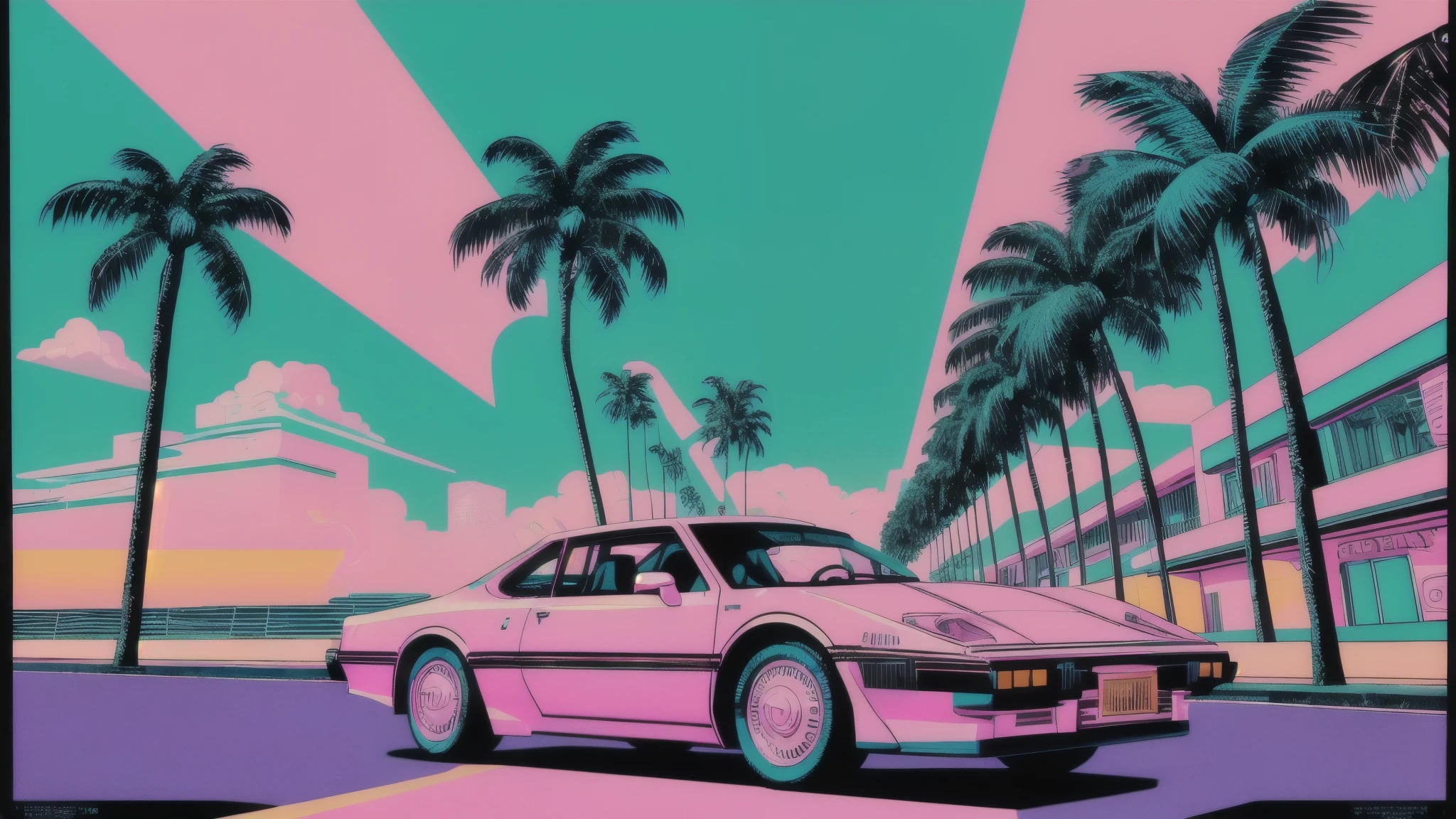 (((retro artstyle))) ((masterpiece)) Miami 1985 synthwave car , (vaporwave aesthetic) , palm trees , bust figure , vinyl records , japanese letters , vivid ,, 