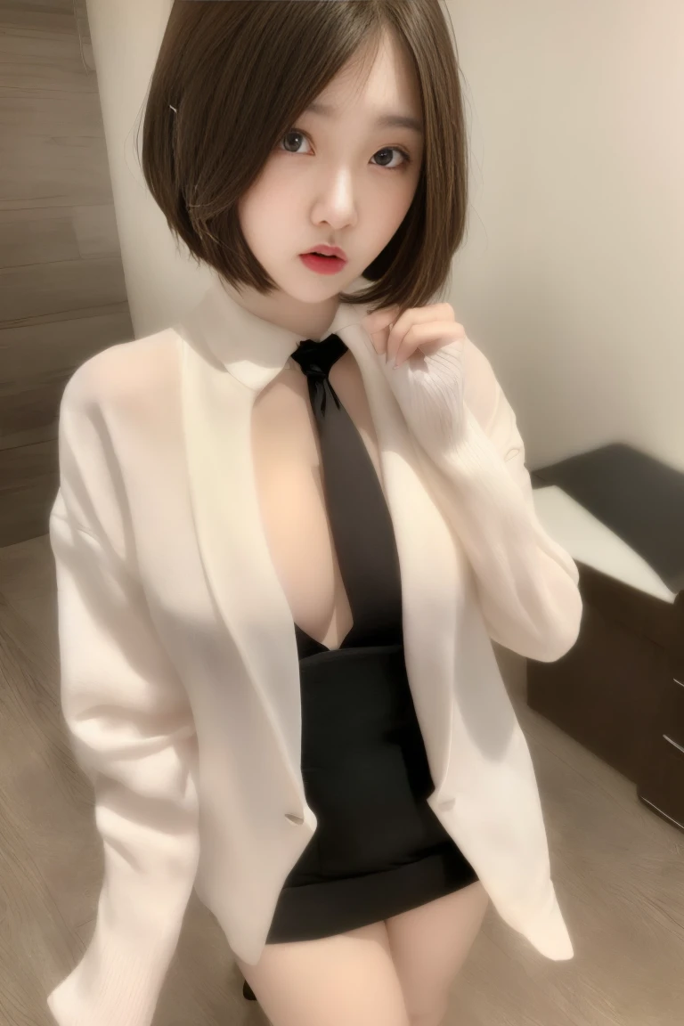 (RAW photo, best quality), (realistic, photo-realistic:1.3), masterpiece, an extremely delicate and beautiful, extremely detailed, CG, unity , 2k wallpaper, Amazing, finely detail, light smile, extremely detailed CG unity 8k wallpaper, huge filesize, ultra-detailed, highres, absurdres, soft light, (((short hair:1.3), short bang, silver hair, floating hair novafrogstyle)), beautiful detailed girl, detailed fingers, extremely detailed eyes and face, beautiful detailed nose, beautiful detailed eyes, long eyelashes, light on face, looking at viewer, (closed mouth:1.2), 1girl, cute, young, mature face, (full body:1.3), (medium breasts), realistic face, realistic body, beautiful detailed thigh, (ulzzang-6500-v1.1:0.8), business suit, cross-laced clothes, collared shirt, open clothes, in office, detailed office, open cardigan, black thighhighs, miniskirt, black underwear, unbuttoned shirt,