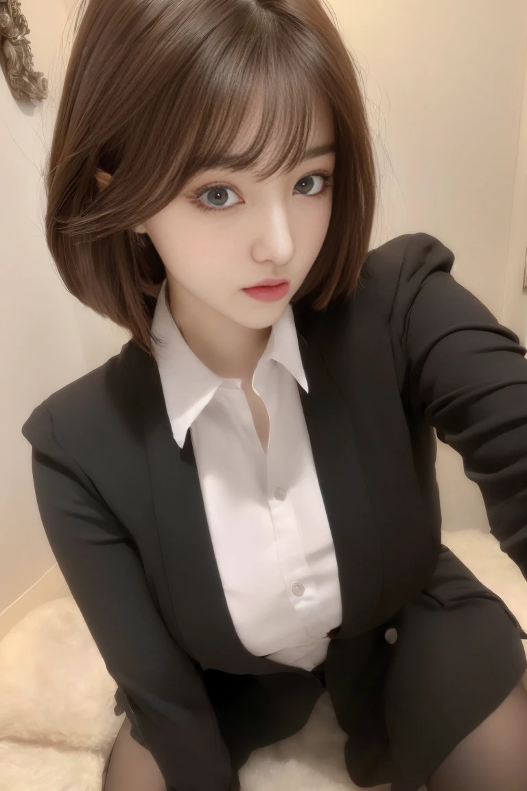(RAW photo, best quality), (realistic, photo-realistic:1.3), masterpiece, an extremely delicate and beautiful, extremely detailed, CG, unity , 2k wallpaper, Amazing, finely detail, light smile, extremely detailed CG unity 8k wallpaper, huge filesize, ultra-detailed, highres, absurdres, soft light, (((short hair:1.3), short bang, silver hair, floating hair novafrogstyle)), beautiful detailed girl, detailed fingers, extremely detailed eyes and face, beautiful detailed nose, beautiful detailed eyes, long eyelashes, light on face, looking at viewer, (closed mouth:1.2), 1girl, cute, young, mature face, (full body:1.3), (medium breasts), realistic face, realistic body, beautiful detailed thigh, (ulzzang-6500-v1.1:0.8), business suit, cross-laced clothes, collared shirt, open clothes, in office, detailed office, open cardigan, black thighhighs, miniskirt, black underwear, unbuttoned shirt,
