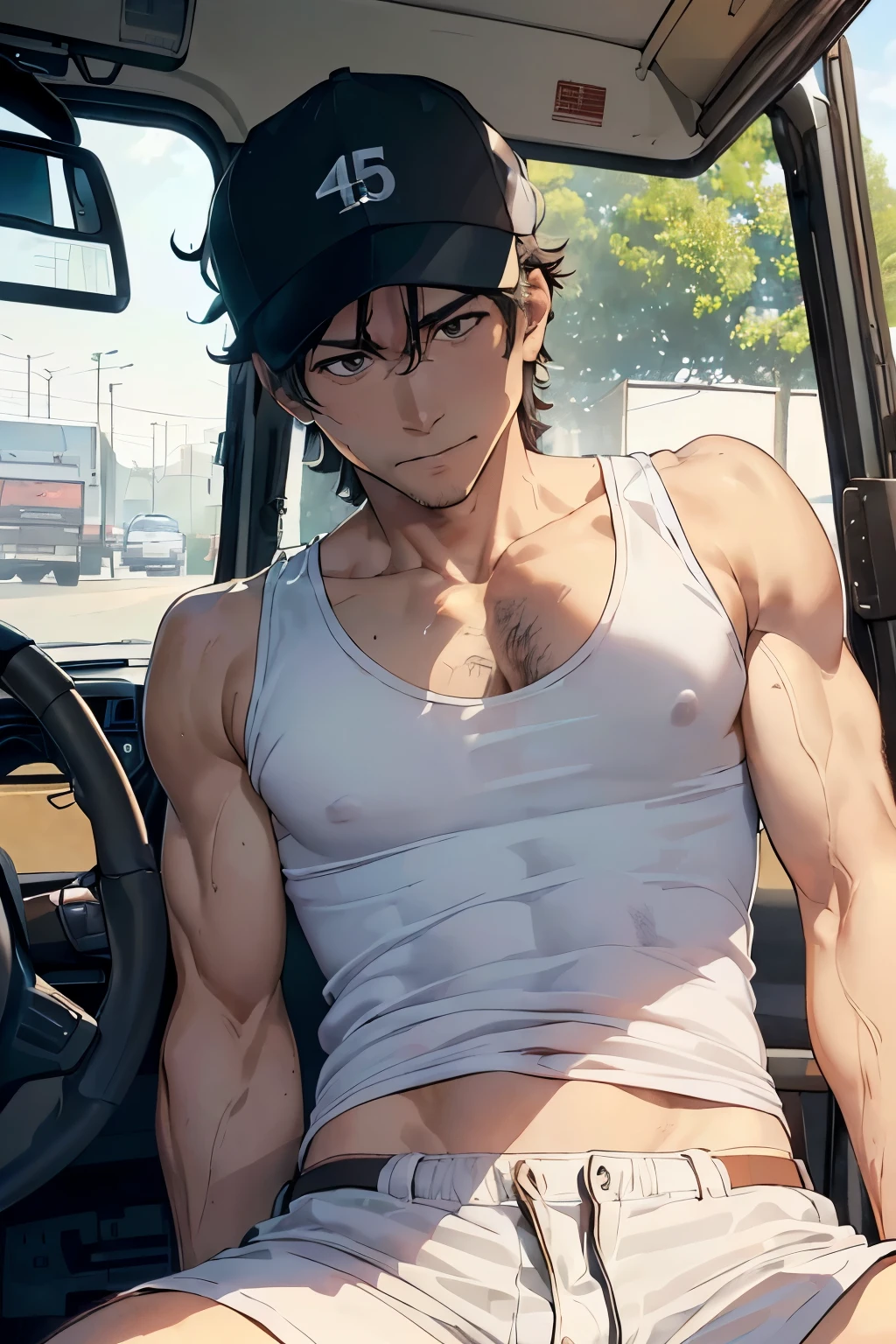 ((Truck driverの45歳の紳士的な男))((Truck driver))）The lower body is underwear、（((White tank top on the upper body))）Hairy、((Emphasis on the crotch))、((He spreads his legs and touches his crotch))((Posing))((sitting in the driver&#39;s seat of a truck))（((Muscular)))(((buzzcut)))((Buzz Cut))(good looking))，（Detailed eyes：1.3），Eyes are black，Esbian all over，