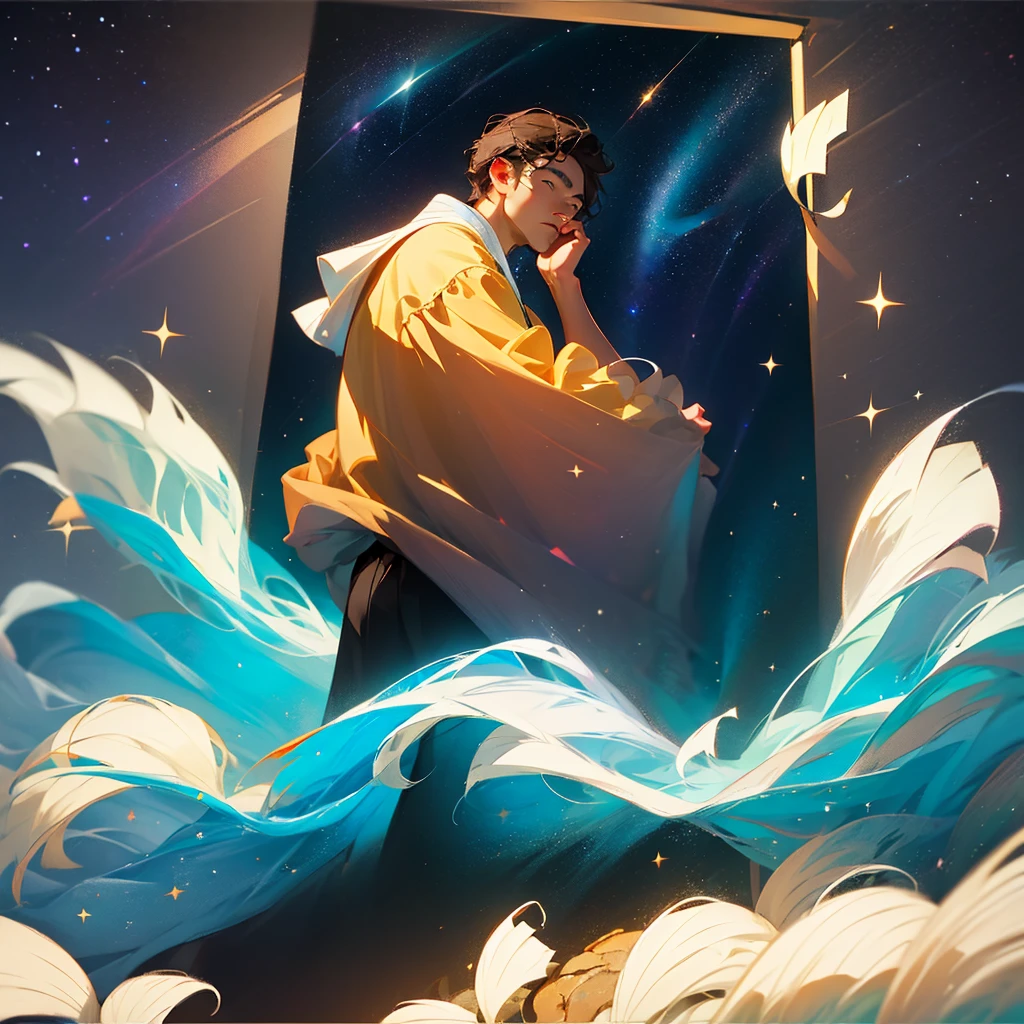 Man looking at the starry sky through the window