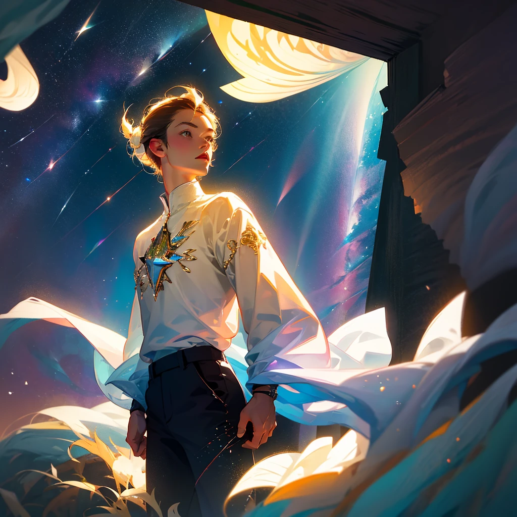 Man looking at the starry sky through the window