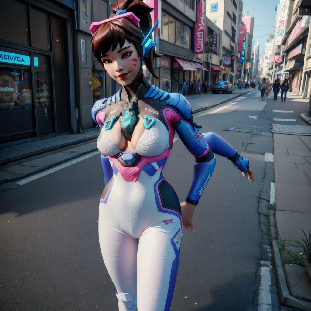 ((DVA from Overwatch)) without her mech, a woman with short brown hair in a (ponytail),she stands in Busan Korea, high quality refelctions, volumetric lighting, she is wearing her classic thin tight figure hugging stretchy pink white and ((blue)) full bodysuit, soft simple plain sport bodysuit, the bodysuits is like a yoga outfit, she stands on the street, (1 girl solo), cinematic lighting, high resolution, physically-based rendering, 8k, volumetric lighting, hyperrealistic, detailed facial features, masterpiece, full upper body, city in background, cinematic,((she has very small breasts)), flat breasts , the focus is on her whole body and the environment, cinematic screenshot, you can see the ((whole environment)) and her standing on the street, the picture has a very soft look at soft textures, cute smile, her arms are on her side, DVA is posing and does a (peace symbol with her fingers), woman body, no bra, 1 person, 1 head