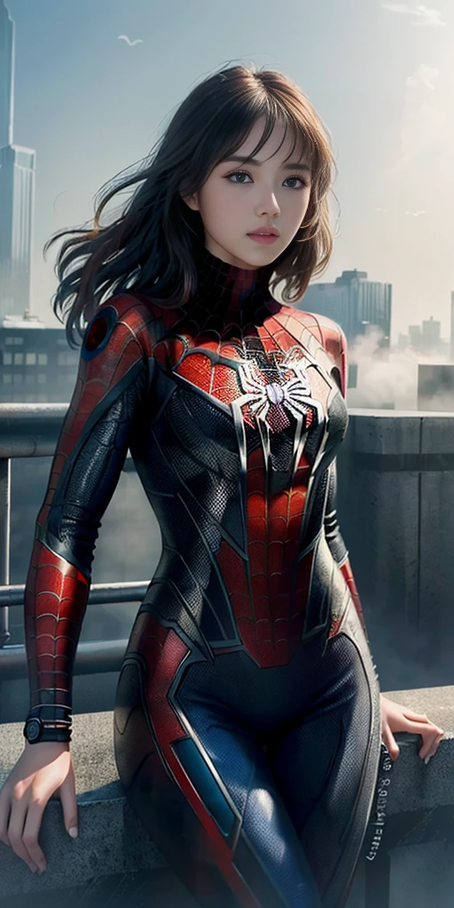 (1girl:1.3), Solo, (((Very detailed face)))), ((Very detailed eyes and face)))), Beautiful detail eyes, Body parts__, Official art, Unified 8k wallpaper, Super detailed, beautiful and beautiful, beautiful, masterpiece, best quality, original, masterpiece, super fine photo, best quality, super high resolution, realistic realism, sunlight, full body portrait, amazing beauty, dynamic pose, delicate face, vibrant eyes, (from the front), She wears Spider-Man suit, red and black color scheme, spider, very detailed city roof background, rooftop, overlooking the city, detailed face, detailed complex busy background, messy, gorgeous, milky white, highly detailed skin, realistic skin details, visible pores, clear focus, volumetric fog, 8k uhd, DSLR, high quality, film grain, fair skin, photo realism, lomography, futuristic dystopian megalopolis, translucent
