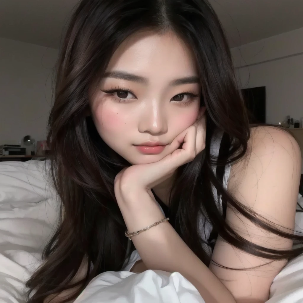 arafed asian woman lying on a bed with her hand on her chin, beautiful young korean girl, beautiful asian girl, young and adorable korean face, detailed face of an asian girl, young cute wan asian face, Sexy face with full makeup, bedroom eyes, asian face, beautiful young korean girl, asian beautiful face, beautiful chinese model, beautiful south korean woman, asian features