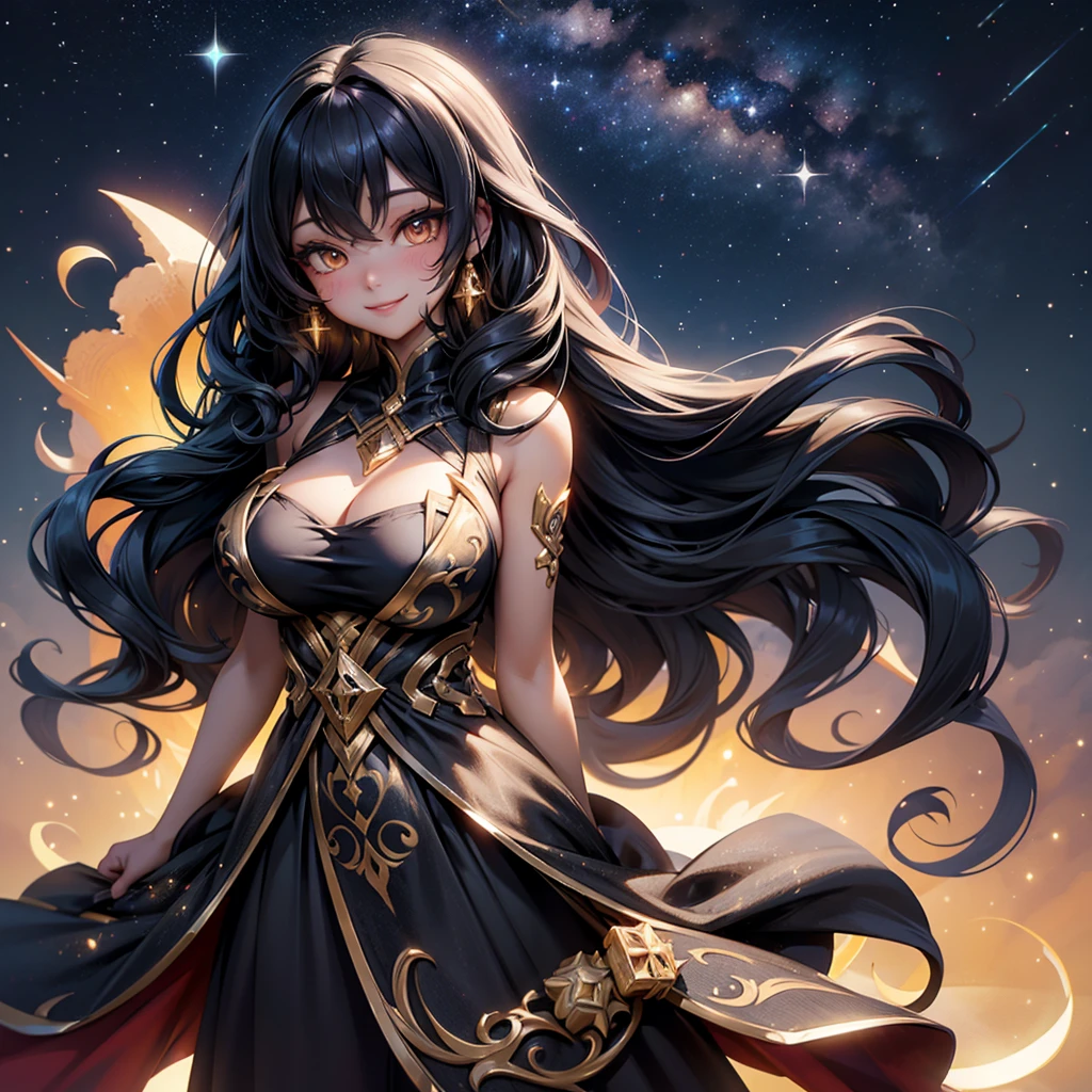 Woman with very long wavy black hair and  huge unrevealing breast wearing a glitter dress and smiling up. Little, surrounded by the night sky