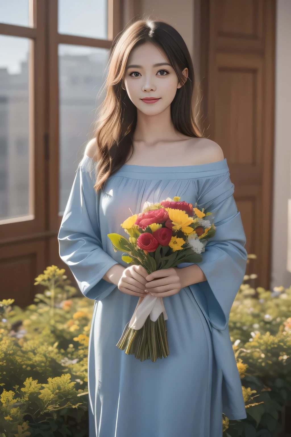 Five people standing together,Holding a bouquet of flowers, Graduation photo, family, Wearing academic dress, postgraduate, Photo taken in 2023, happy