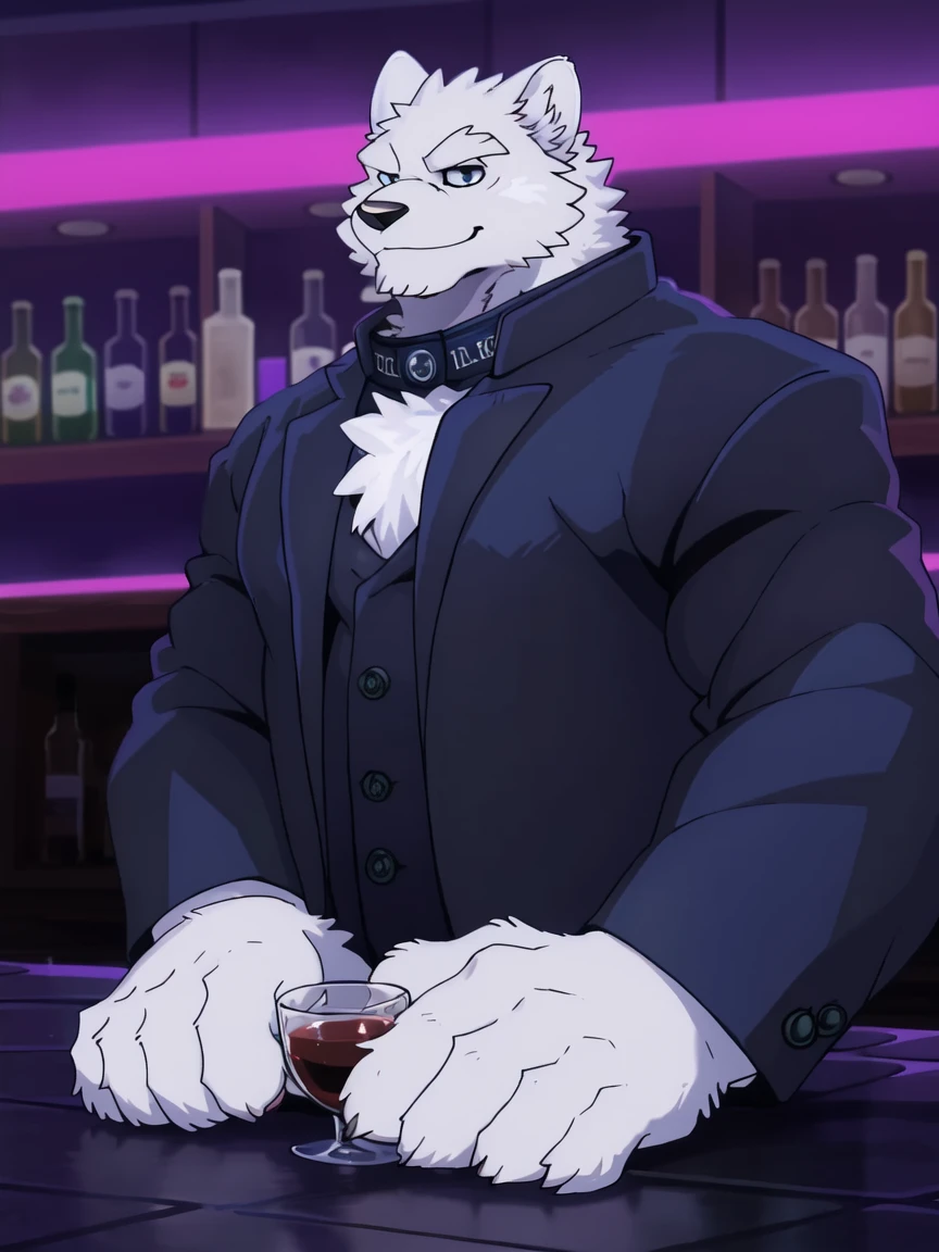 ((all white fur:1.5)), solo, Perfect sky blue eyes, Spike Collar, (artist:Takemoto Arashi), Mature face, elder, longeyelashes, ((Thin and tall figure)), ((sit on the ground)), fang out, Smile evilly, oral invitation, maliciously, Wearing a suit, Bar interior scene, bar, Movie Light Effects, Movie Posters, Holding a red wine glass, Reveal most of the background, atmospheric perspective, super detail, high details, 8k