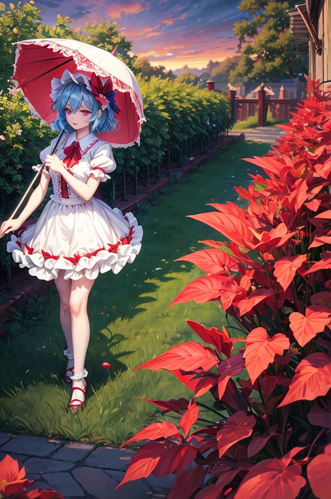 Remilia Scarlet (Touhou). In garden green, Walking wing white vintage umbrella. look at viewer. Cute face. blue hair. red eyes, long eyelashes. vintage white dress. fine Detail, masterpiece, top quality, official art, extremely detailed CG unity 8k wallpaper, cinematic lighting, (perfect shiny skin:0.6), slim and smooth lines, (floating),