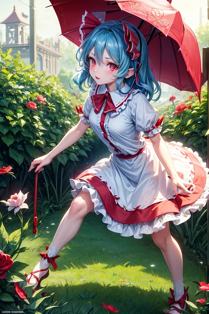 Remilia Scarlet (Touhou). In garden green, Walking wing white vintage umbrella. look at viewer. Cute face. blue hair. red eyes, long eyelashes. vintage white dress. fine Detail, masterpiece, top quality, official art, extremely detailed CG unity 8k wallpaper, cinematic lighting, (perfect shiny skin:0.6), slim and smooth lines, (floating),