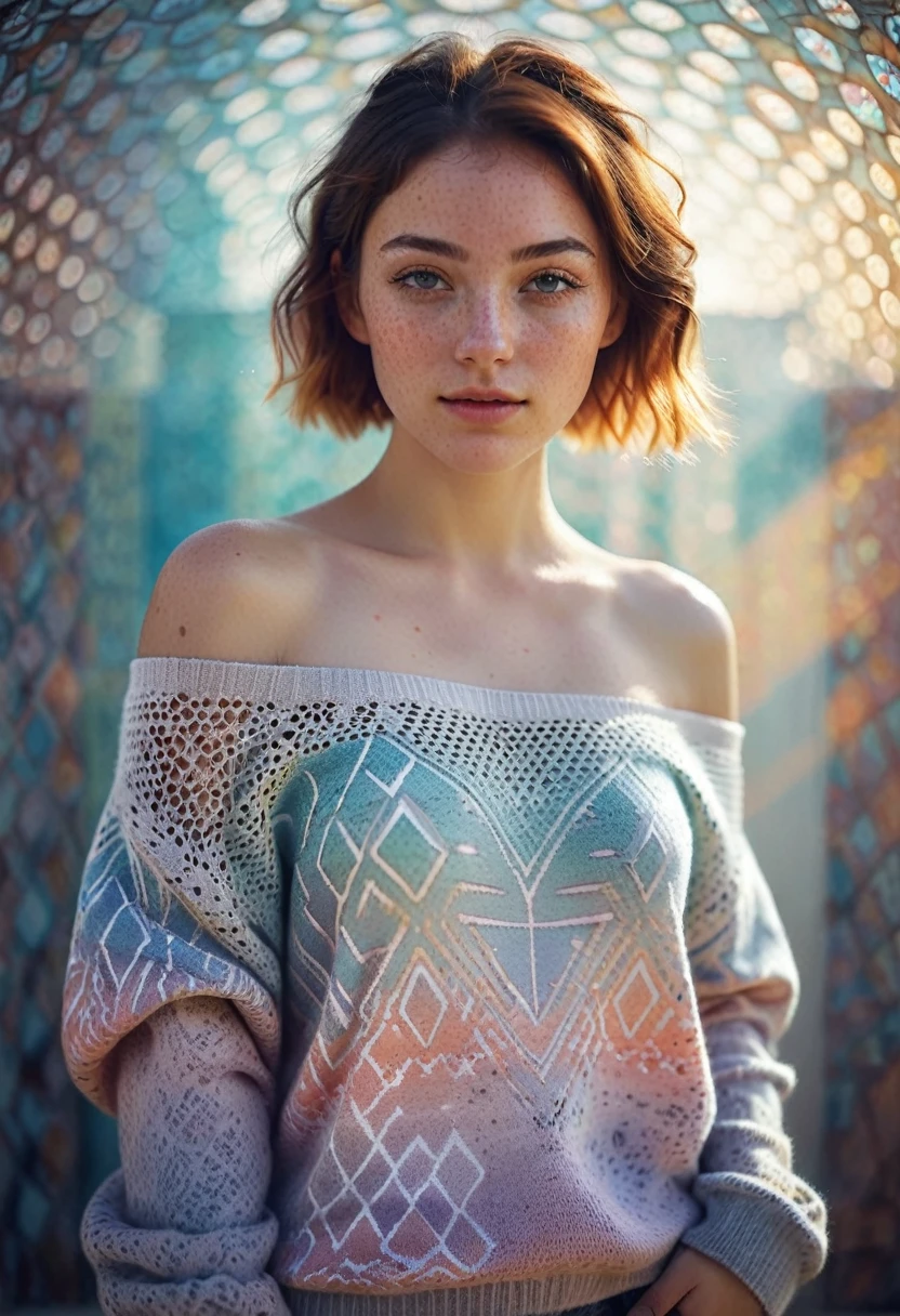 1girl,mysterious girl with freckles,an exotic girl in off-shoulder sweater,fading backlit background,pastel colors,alluring goddess,amazing depth,double exposure,surreal,geometric patterns,intricately detailed,bokeh,perfect balanced,deep fine borders,artistic photorealism,smooth