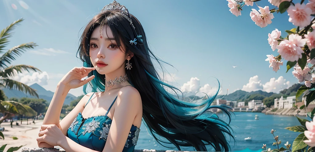 Gambar HD 16k: Wanita cantik rambut pendek hitam cyan, menatap keluar jendela, gaun, cahaya matahari pagi, cerah damai penuh harapan. Wajah jelas ekspresif, rambut rapi natural, gaun terang flowy, cahaya matahari diagonal bayangan dramatis. Pemandangan luar jendela pepohonan bunga kota ramai. Mata biru bibir merah muda tersenyum tipis, rambut bob rapi jepit cyan, gaun sutra putih halus mengalir, efek halo indah, taman bunga cerah.

