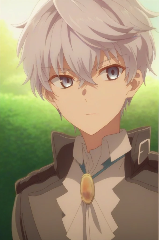 score_9, score_8_up, score_7_up, source_anime, rating_safe, intricate details, , looking at viewer, , 1boy, solo, male focus, lugh_tuatha_de, grey hair, blue eyes, short hair, hair between eyes, bangs, Prince uniform, walking in the park, half body photo