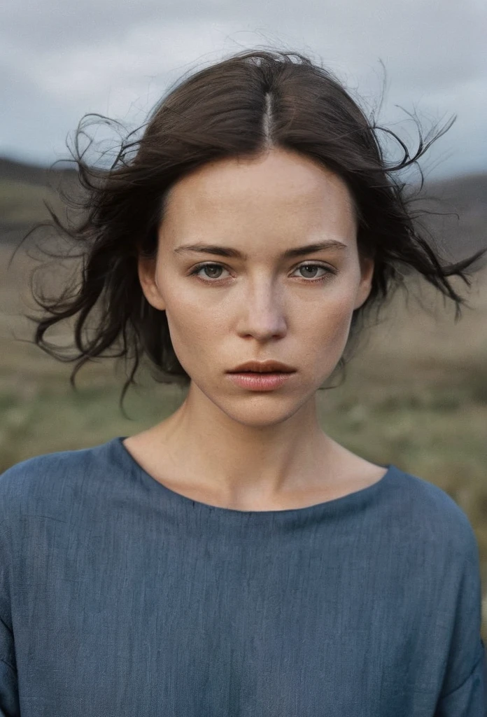the woman in the field is dressed for the camera, in the style of daria endresen, kris knight, scottish landscapes, light navy and dark brown, georg jensen, intense close-ups, matte photo --ar 1:2 --stylize 750 --v 6