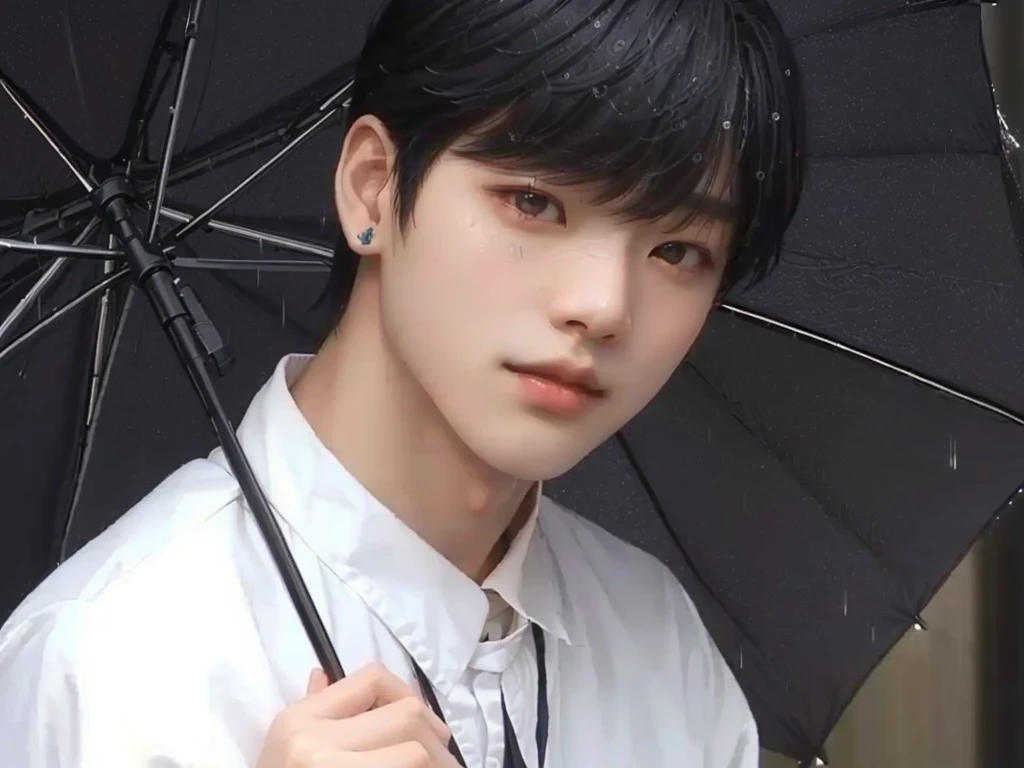 arafed asian woman with black umbrella in rain, Jungkook, adorable and pale korean face, Tae June Kim, Wonbin Lee, Kim Doyoung, hyung tae, cai xukun, inspired by Kun Can, Jinyoung Shin, inspired by Bian Shoumin, Hong Jun Hyung, beautiful chad chin, cute androgynous prince, Ulzzang spacious, Shin Jeongho, effeminate, wonyoung, androgen, rose, jimin