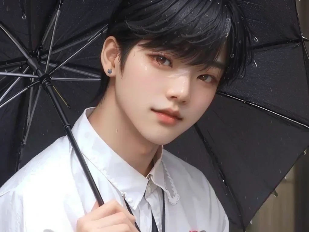 arafed asian woman with black umbrella in rain, Jungkook, adorable and pale korean face, Tae June Kim, Wonbin Lee, Kim Doyoung, hyung tae, cai xukun, inspired by Kun Can, Jinyoung Shin, inspired by Bian Shoumin, Hong Jun Hyung, beautiful chad chin, cute androgynous prince, Ulzzang spacious, Shin Jeongho, effeminate, wonyoung, androgen, rose, jimin
