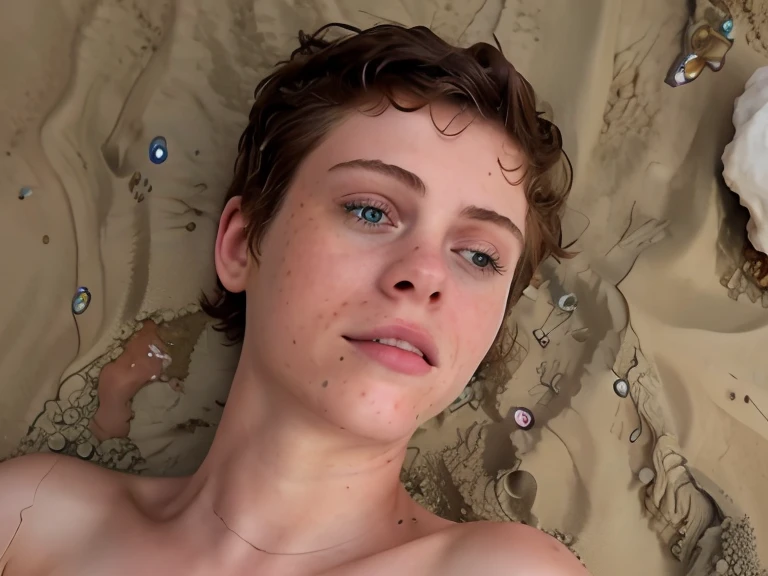  Sophia Lillis naked on the beach,whole body,lying in the sand,  side view, taking a selfie, wet, drops of water running down the face,short hair, wet hair, parts ,freckled chest,tiny chest,freckled tits ,visible ribs,slim, skinny, hairy vagina , a wet naked ugly man