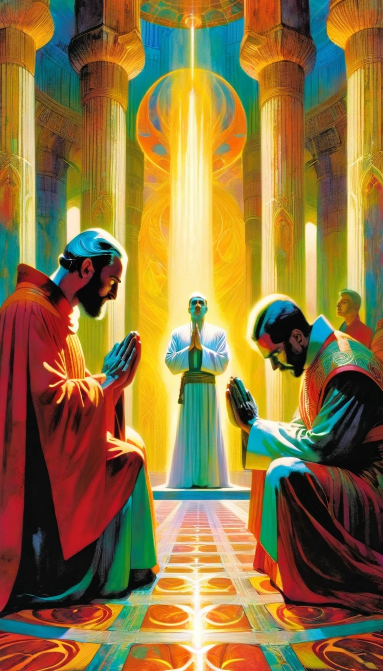 tarot card, the high priest,men pray kneeling before the priest in a great temple, artwork artwork by Bill Sienkiewicz, vivid colors, intricate details, oil.