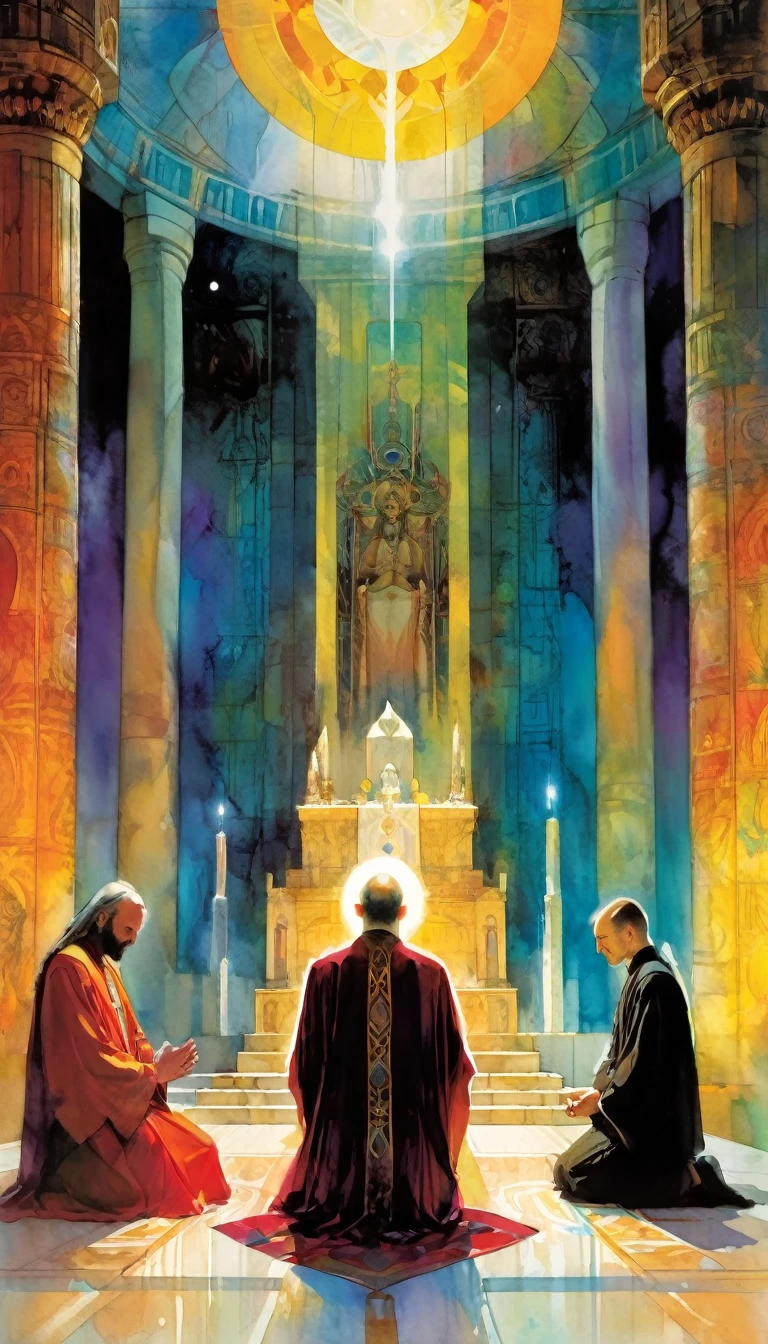 tarot card, the high priest,men pray kneeling before the priest in a great temple, artwork artwork by Bill Sienkiewicz, vivid colors, intricate details, oil.