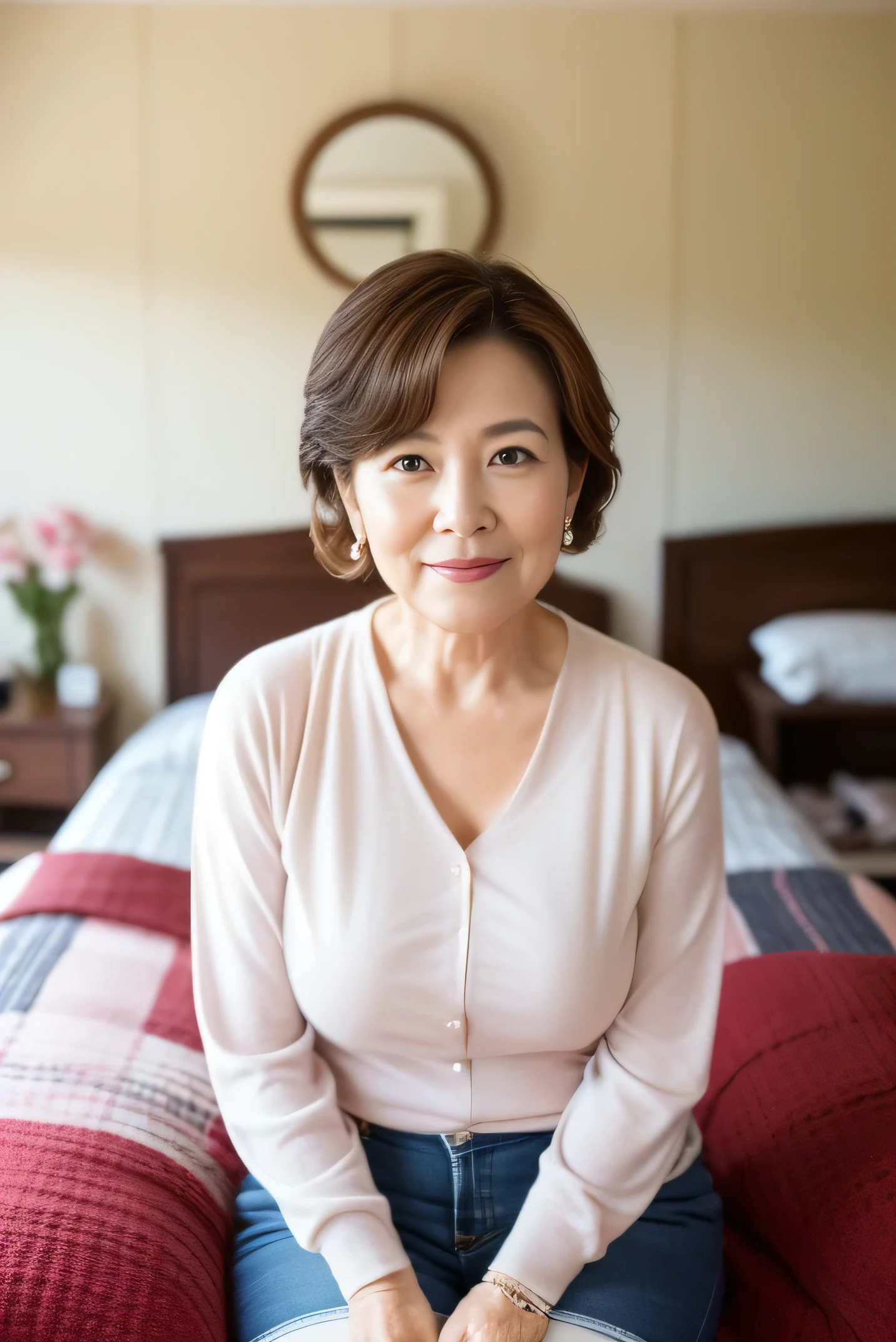 Highest quality, (Mature woman), ((Portraiture:1.3)), 腕をFrom head to thighs組んだイメージ))）（Kind Face），(View your viewers),Tight-fitting t-shirt、Voluptuous thighs,Hyper detail on skin，Cleans pores，Panoramic View，（Beautiful mature woman over 75 years old）、Japanese middle-aged woman,  Perfect Face, Great look,  (Detailed facial features),  （Updo:1.3),Clean and nice face、(room:1.5)、（((From head to thighs))）、（Do not wear jewelry）