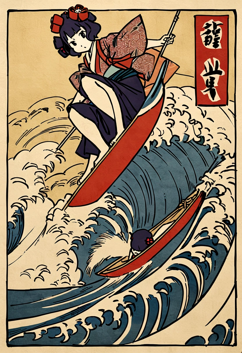 The rough texture of Japanese paper, Hokusai style, ukiyo-e, surfing, flight, fun and solemnity Ukiyo-e style、Katsushika Hokusai、A girl is rowing a boat、surfing、high quality、high resolution