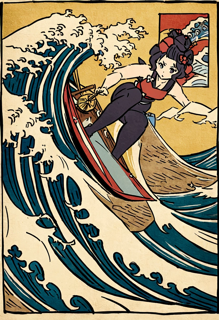 The rough texture of Japanese paper, Hokusai style, ukiyo-e, surfing, flight, fun and solemnity Ukiyo-e style、Katsushika Hokusai、A girl is rowing a boat、surfing、high quality、high resolution