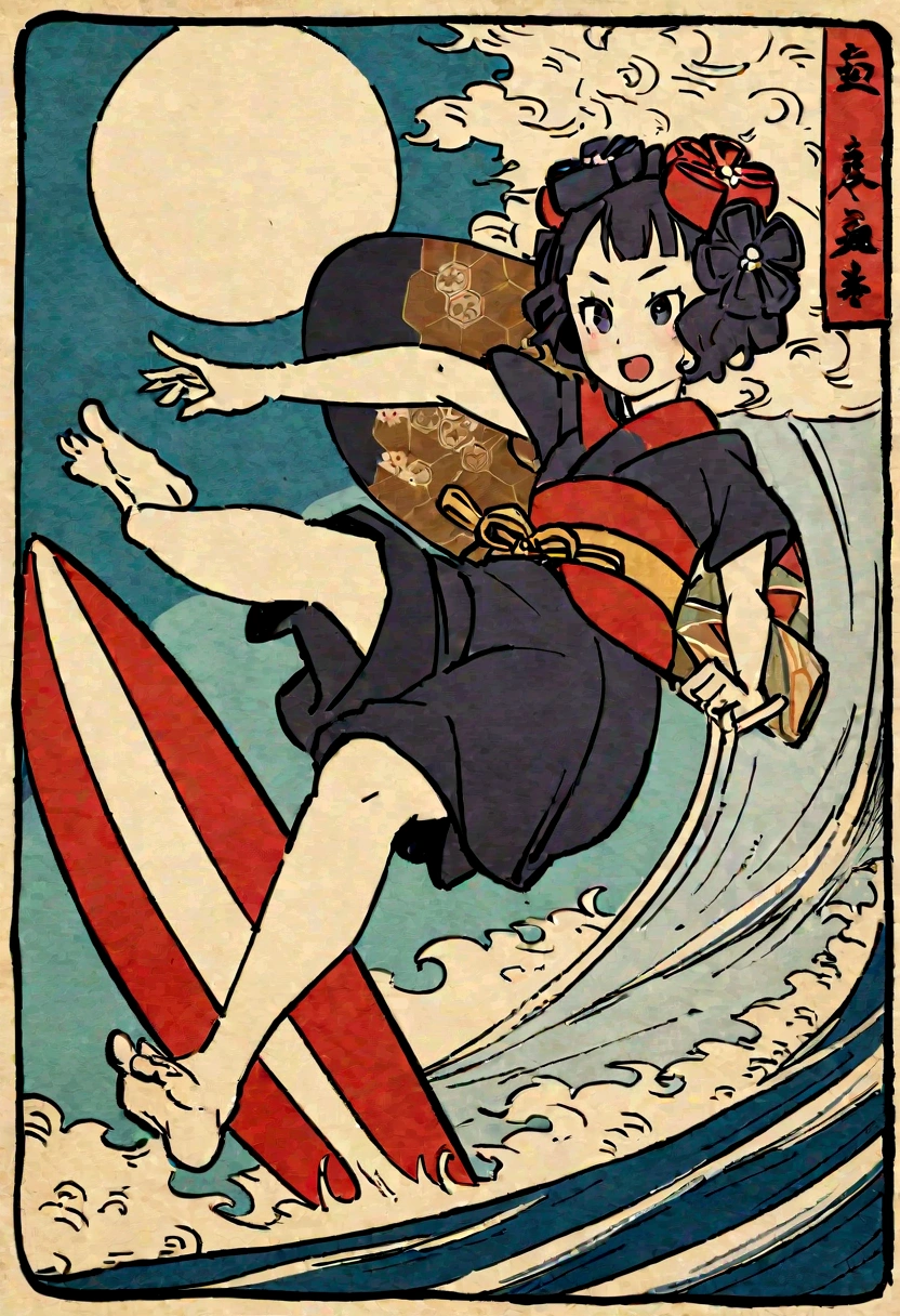 The rough texture of Japanese paper, Hokusai style, ukiyo-e, surfing, flight, fun and solemnity　Ukiyo-e style、Katsushika Hokusai、A girl is rowing a boat、surfing、high quality、high resolution