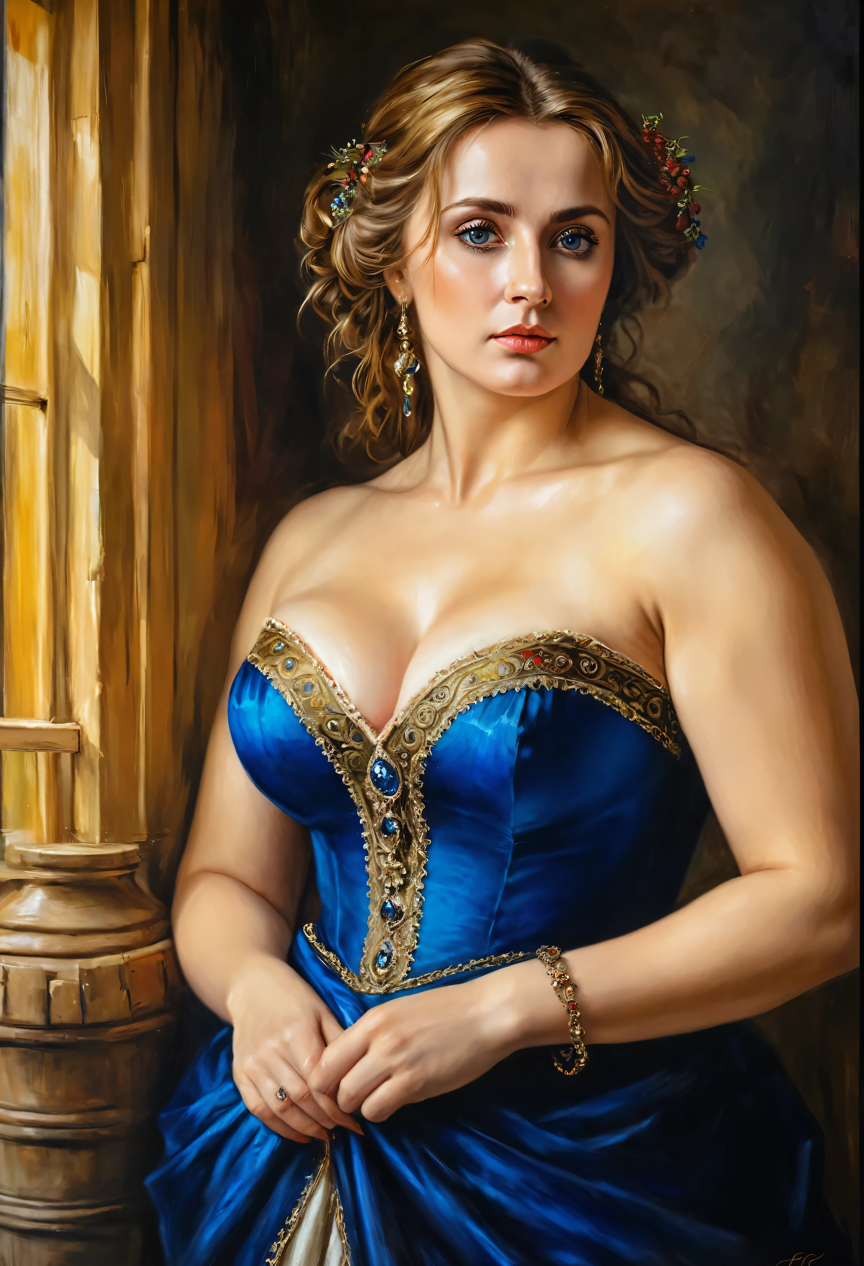 portrait, extremely gorgeous, 45 years old Woman, middle ages, thick figure, classicism, andrey atroshenko style, painting, pierced eyes, beautifully styled hair, traditional media, realistic, figurative, fine art, oil on canvas, HDR, 8K, original character, high resolution, vivid colours, high detail, focus on the face, beautiful eyes