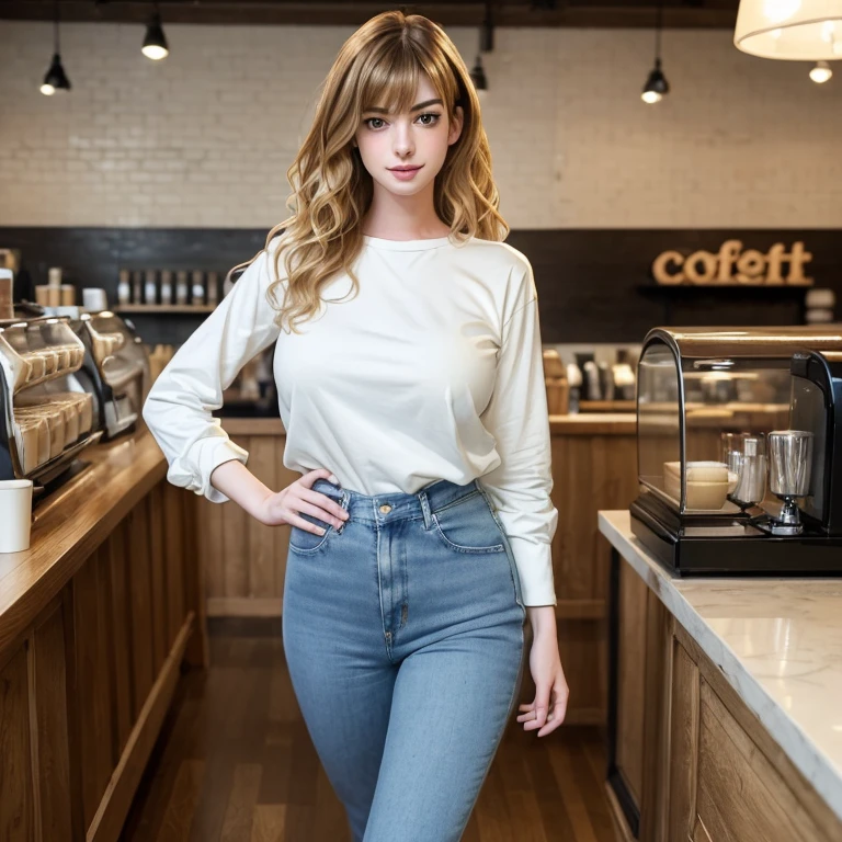 (24mm wide angle lens:1.5), (full shot:1.5), [close up:1.5], (slightly above:1.25), candid, soft lighting, backlit, younger Anne Hathaway, walking, aged 18, cute, joy, looking aside, sfw, (very tall ager:1.25), (very long torso:1.25), (very long neck:1.25), (very long legs:1.25), (skinny), (arafed), (slim), hidden symmetric breasts, tucked-in plain shirt, jeans, sneakers, detailed beautiful bright symmetric eyes, coffee shop, trendy, latte, customers, busy, barista, crowd, crowded, blonde hair, (big huge enormous massive colossal gigantic sagging breasts:1.25), (topheavy:1.25), (big flowing extremely long wavy hair:1.25), bangs, [shiny:1.5], [stretch:1.5]