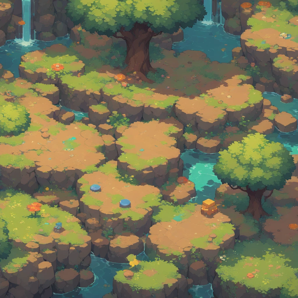 retro video game style,pixelated graphics,vibrant colors,8-bit characters,blocky shapes,sharp lines,detailed shading,classic gaming vibe,nostalgic atmosphere,classic arcade games,masterpiece:1.2,ultra-detailed,illustration style, 2d texture, clay texture, stone texture, 4 k seamless mud texture, video game texture, dirt texture, tileset, game tiles, clay material, flat texture, grass, trees, rock texture, rocky ground, forest, topdown view, game texture, game art, ground very detailed, dirt, floor texture, tileable texture, flowers, bushes, shrubs, intricate ground stone, top down view, 3/4th perspective