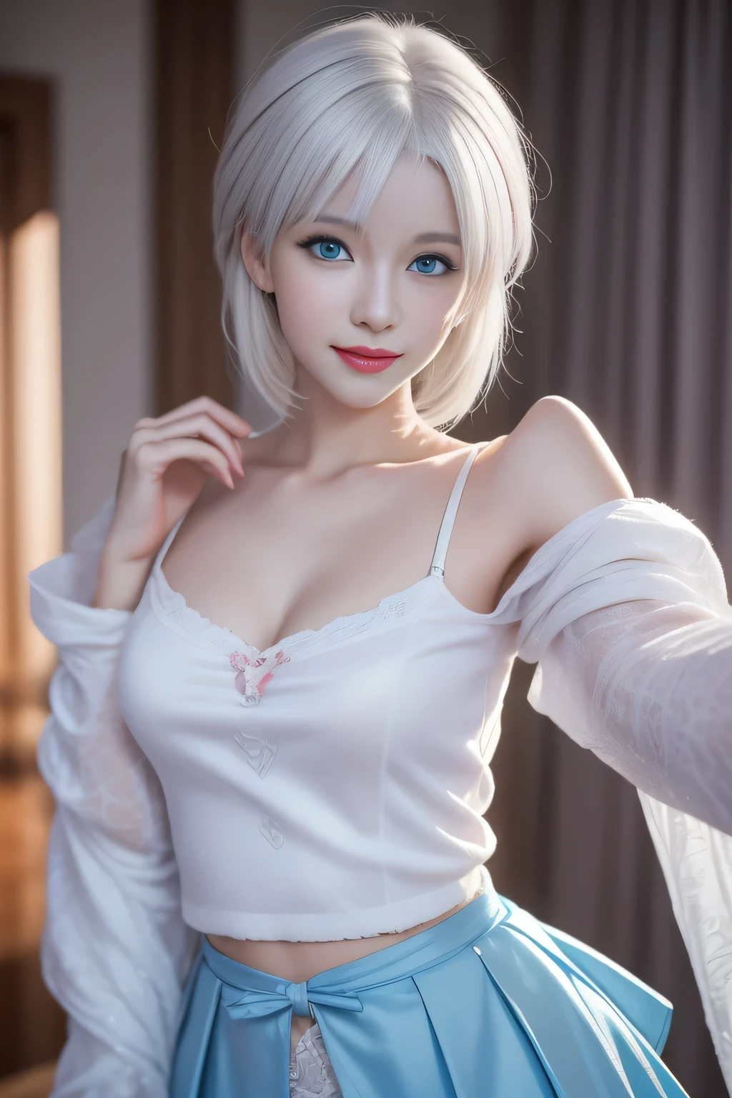 (blue eyes:1.2)、The most beautiful smile、(White hair:1.5)、、short hair, (Original Photography、Top quality)、(realism、Reality:1.3)、Top quality、masterpiece、Extremely exquisite and beautiful、Very detailed的、nffsw、Sense of solidarity、2k wallpapers、Gorgeous、Every detail is beautiful、masterpiece、A faint smile、Top quality、Highly detailed Unity 8k wallpaper、Huge file size、Extremely detailed、high resolution、Very detailed、1 female、Slim、D cup、(Black tights:0.7)、(Pink skirt:1.2)、Outlook、Be focused、Close-up of face、Pure complexion_v1:0.8.short hair、Instagram、The viewer's perspective、Selfie