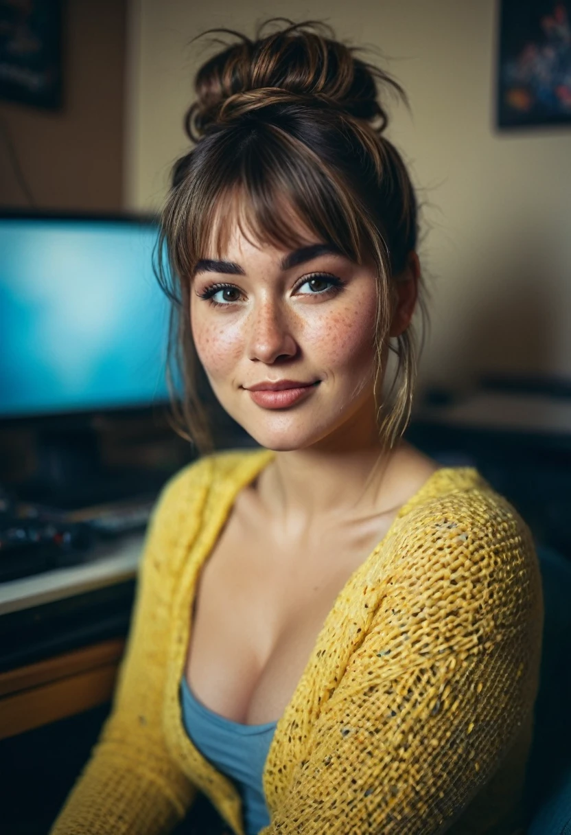 Create a captivating story or description inspired by this photo of a busty smiling Yupik woman with brown messy hairbun, cleavage and subtle freckles and gray-brown eyes. She gazes innocently from the side towards the camera, sitting in a cozy gaming room at a desktop computer, hair bangs forehead fringe and a a wooly knitted full bodysuit with yellow/blue pop-art print, very detailed, atmospheric haze, Film grain, cinematic film still, shallow depth of field, highly detailed, high budget, cinemascope, moody, epic, OverallDetail, gorgeous, 2000s vintage RAW photo, photorealistic, candid camera, color graded cinematic, eye catchlights, atmospheric lighting, skin pores, imperfections, natural, shallow dof