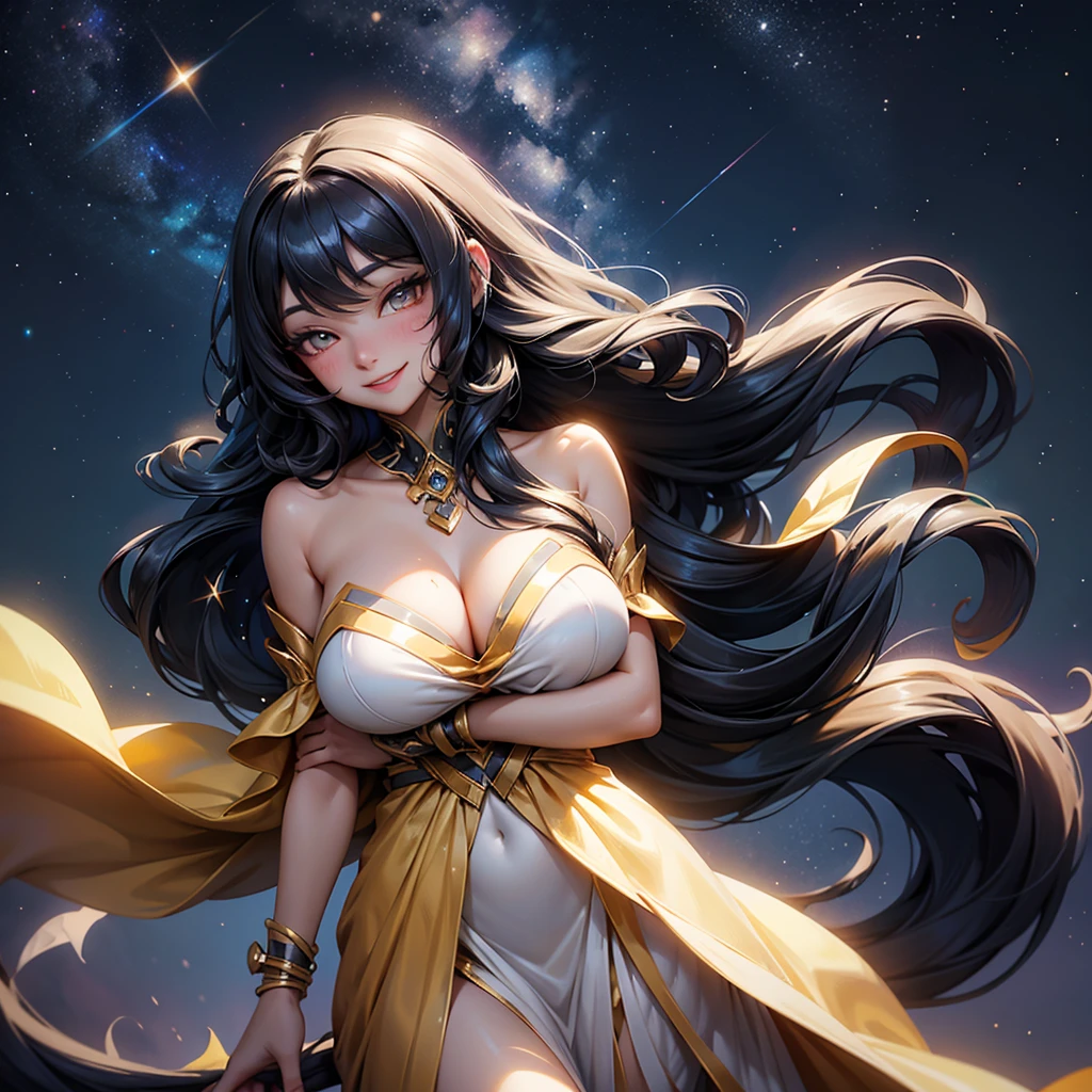 Woman with very long wavy black hair and huge unrevealing breast wearing a bright glitter dress and smiling up. Little, surrounded by the night sky