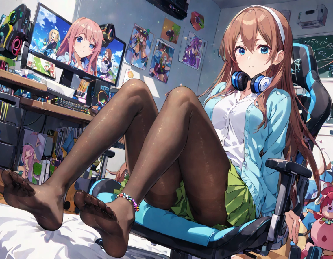 score_9_up,score_8_up,score_7_up, A girl lounging in her bedroom, a PC monitor turned on, a gaming chair, a cluttered room, fetal position, Sparkling, anime coloring, (8k), detailed beatiful face, detailed beatiful eyes, detailed beatiful hair, perfect body, perfect hands, dynamic pose, dutch angle}, , looking at viewer, 20-year-old woman, miku nakano, long hair, bangs, blue eyes, brown hair, shirt, hair between eyes, cardigan, headphones around neck, mature female, medium breasts, skirt, shirt, long sleeves, white shirt, pantyhose, pleated skirt, black pantyhose, cardigan, green skirt, blue cardigan, bare foot, foot focus, from below ,anklet, chalkboard, shiny skin, pale skin, colored toenails,