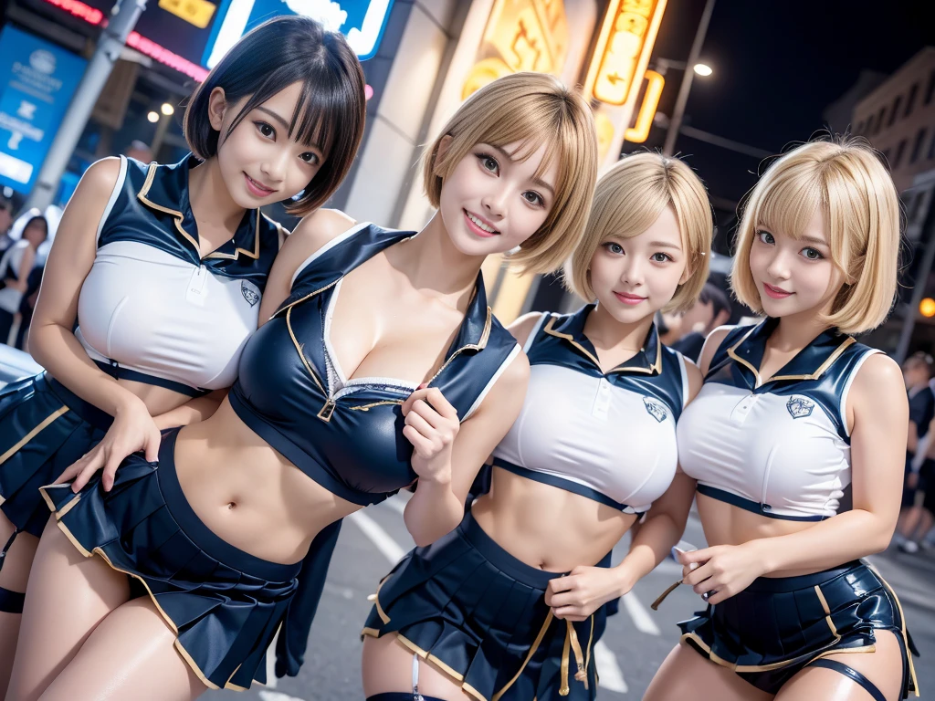 8K resolution, surreal, Super detailed, high quality, perfect anatomy, jammed, 5 women, group shot, grin, smiling, cute face, Phenomenally cute, perfect proportion, full body, (school gymnastic uniform, physical education, satin and latex uniform, sleeveless, short pleated mini skirt)+++, navel, sheer stocking, night neon street background, (bleached short gold hair)+++, large breasts, invite you inside, eyes of temptation, looking at viewer, inviting eyes, idol