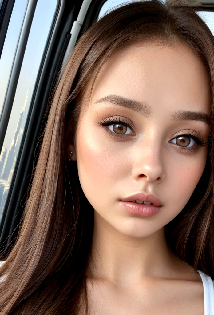 arafed woman fully ,girl with brown eyes, french, ultra realistic, meticulously detailed, portrait sophie mudd, brown hair and large eyes, selfie of a young woman, dubai eyes, natural makeup, looking directly at the camera, subtle makeup, stunning full body shot kneeling, medium to large size bus