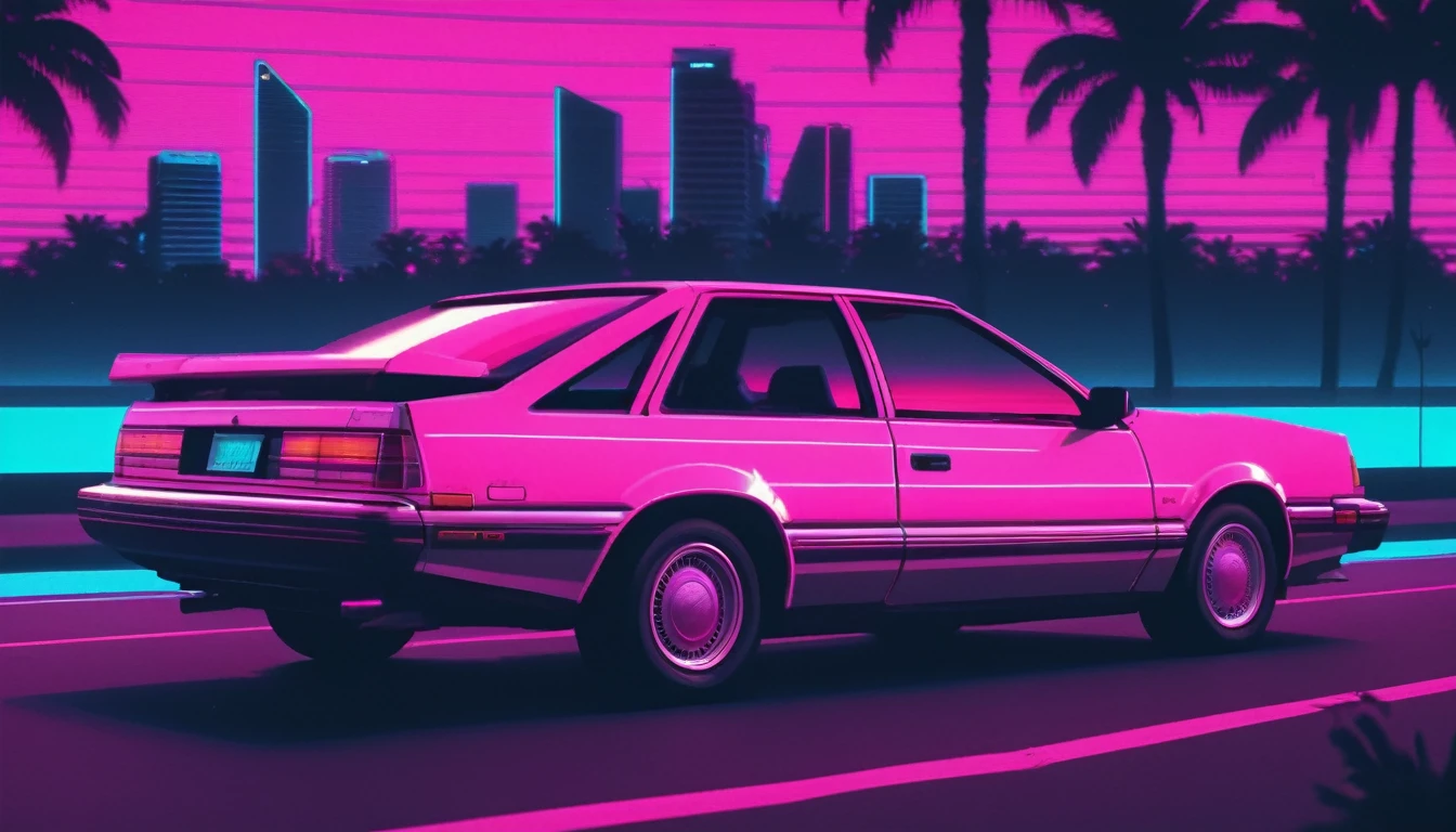 Miami 1985 synthwave car, vhs, scanlines, film grain, retro, synthwave