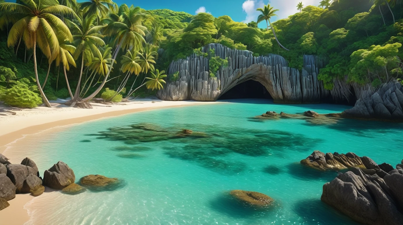 detailed tropical paradise, idyllic beach, crystal clear turquoise waters, swaying palm trees, lush green foliage, stunning rock formations, golden sand, warm sunlight, photorealistic, hyper detailed, vivid colors, natural lighting, serene atmosphere, cinematic composition, dramatic angles, masterpiece, (best quality,4k,8k,highres,masterpiece:1.2),ultra-detailed,(realistic,photorealistic,photo-realistic:1.37)