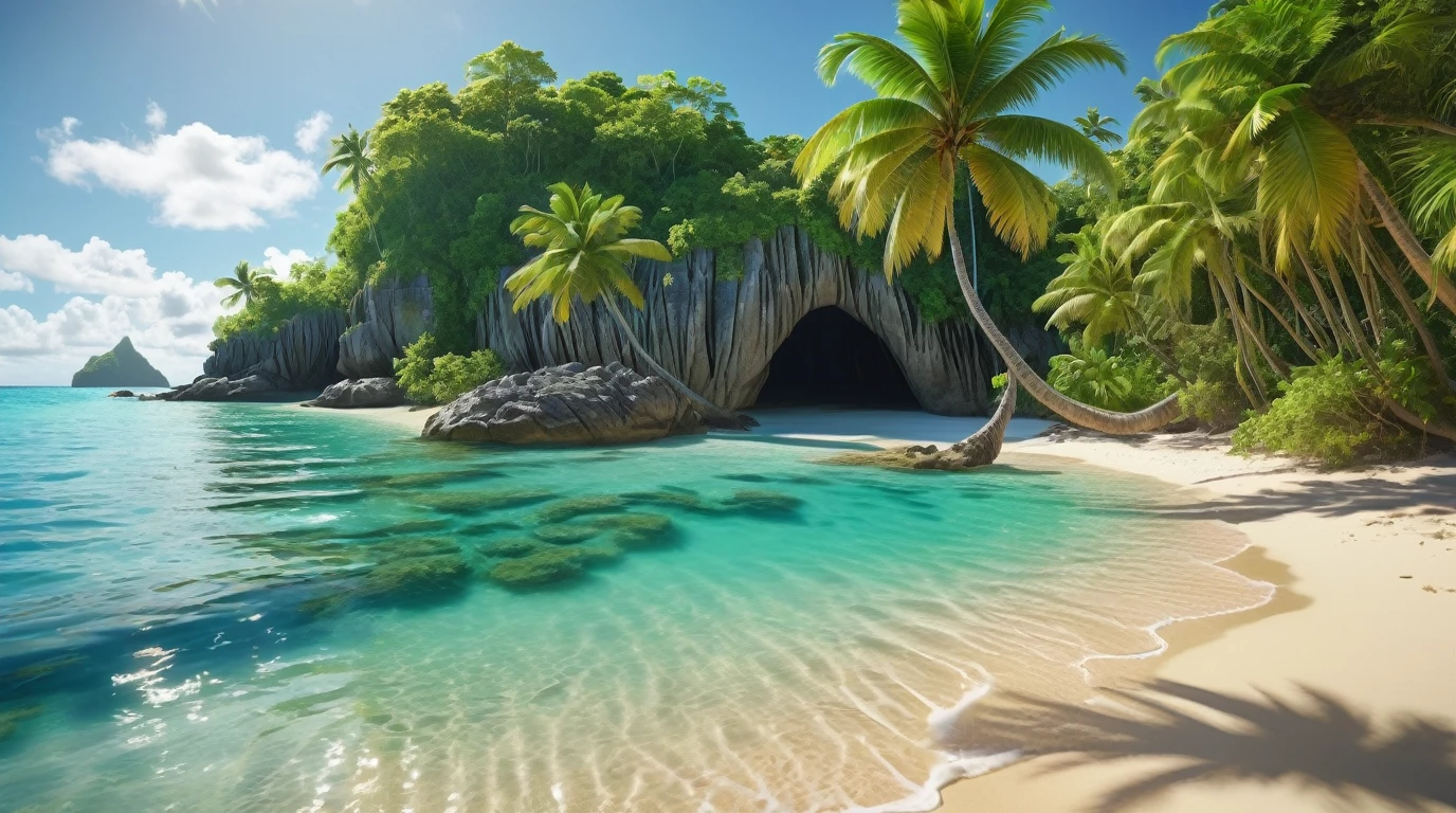 detailed tropical paradise, idyllic beach, crystal clear turquoise waters, swaying palm trees, lush green foliage, stunning rock formations, golden sand, warm sunlight, photorealistic, hyper detailed, vivid colors, natural lighting, serene atmosphere, cinematic composition, dramatic angles, masterpiece, (best quality,4k,8k,highres,masterpiece:1.2),ultra-detailed,(realistic,photorealistic,photo-realistic:1.37)