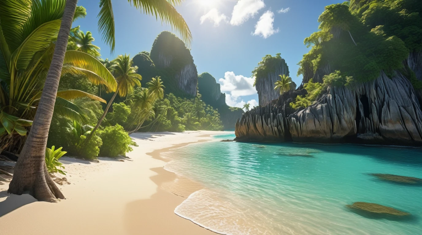 detailed tropical paradise, idyllic beach, crystal clear turquoise waters, swaying palm trees, lush green foliage, stunning rock formations, golden sand, warm sunlight, photorealistic, hyper detailed, vivid colors, natural lighting, serene atmosphere, cinematic composition, dramatic angles, masterpiece, (best quality,4k,8k,highres,masterpiece:1.2),ultra-detailed,(realistic,photorealistic,photo-realistic:1.37)