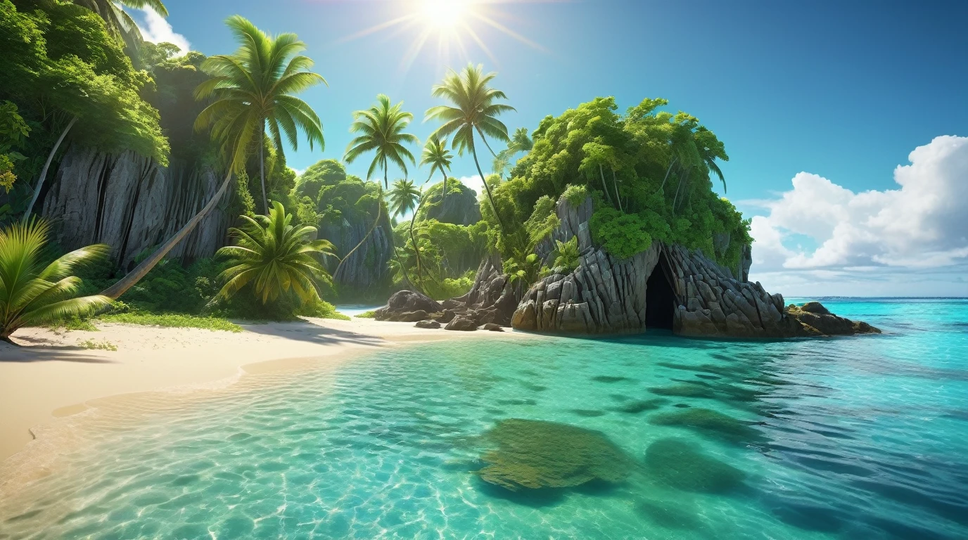 detailed tropical paradise, idyllic beach, crystal clear turquoise waters, swaying palm trees, lush green foliage, stunning rock formations, golden sand, warm sunlight, photorealistic, hyper detailed, vivid colors, natural lighting, serene atmosphere, cinematic composition, dramatic angles, masterpiece, (best quality,4k,8k,highres,masterpiece:1.2),ultra-detailed,(realistic,photorealistic,photo-realistic:1.37)