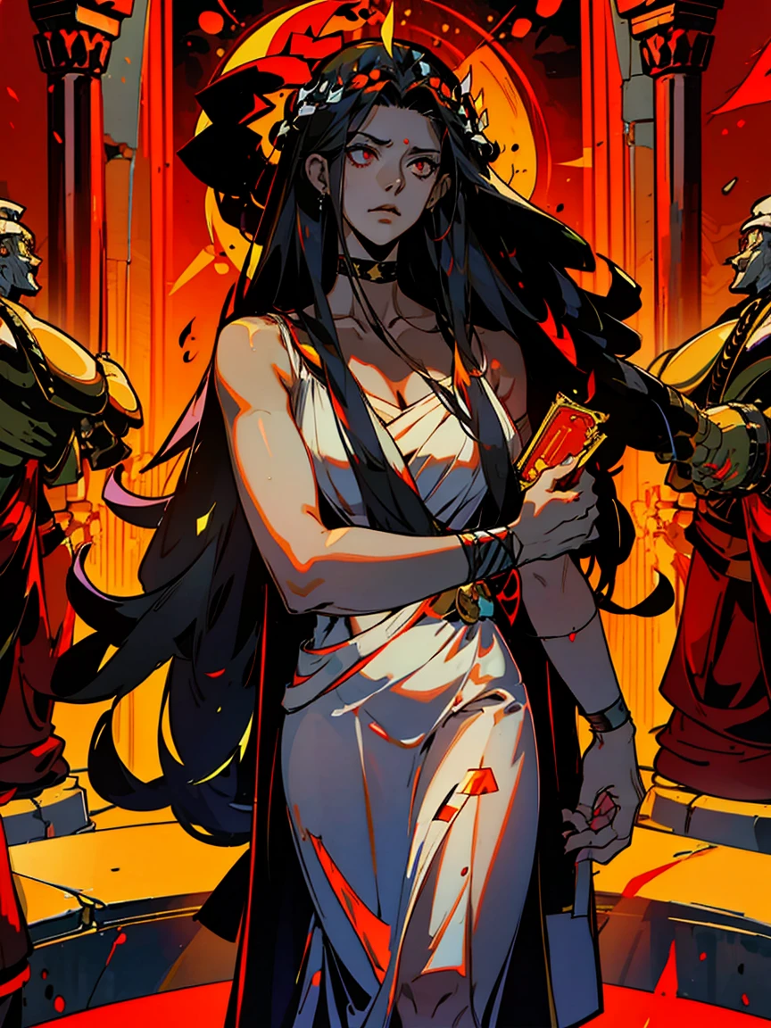 1girl, alone, 25 years old, young, black hair, red eyes, insister sur les reflets des yeux rouges, cheveux noirs, long hair, boss, black outfit, black clothes, frowning, hades style, hades game, Jen zee style, greek themed image, greek background, thanatos, tartarus scenery, fumes, greek columns in background, lots of columns, greek architecture, white themed image, white furniture, red touches of color, orange walls, looking at viewer, holding the stygian blade hades game wiki, hades, game, wiki, obols, stygius